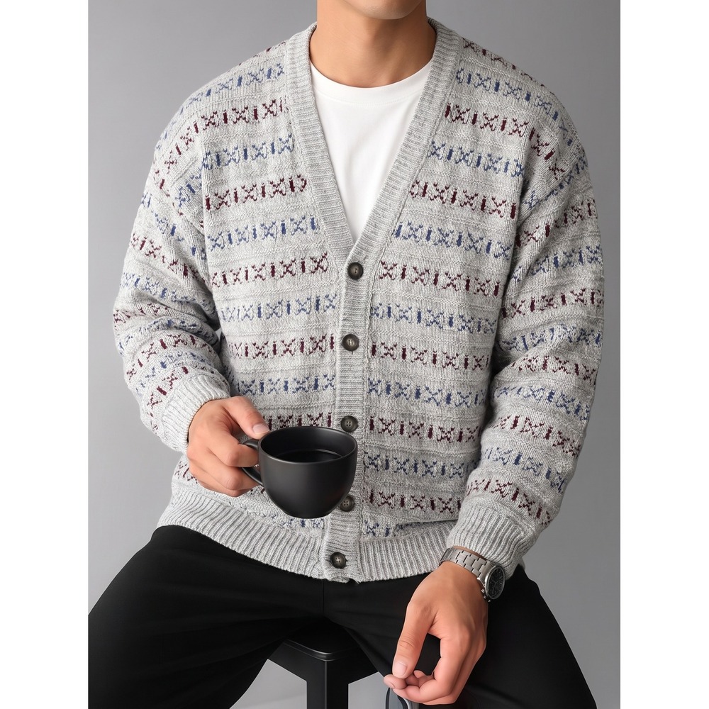 St. John's Bay Cardigan Mens L Grey Vintage Geometric Knit Button Front Sweater